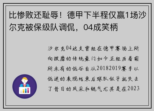 比惨败还耻辱！德甲下半程仅赢1场沙尔克被保级队调侃，04成笑柄