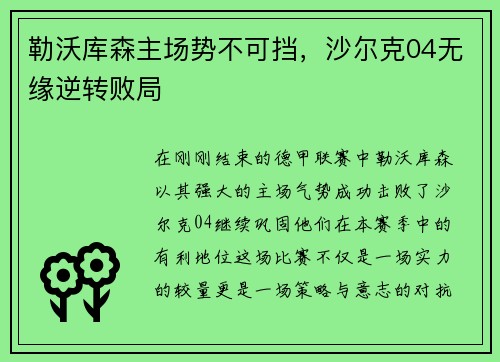 勒沃库森主场势不可挡，沙尔克04无缘逆转败局