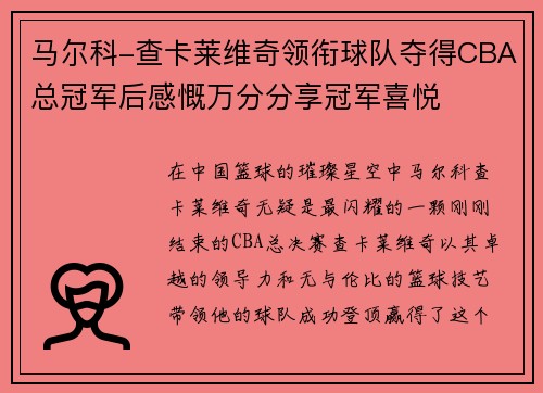 马尔科-查卡莱维奇领衔球队夺得CBA总冠军后感慨万分分享冠军喜悦