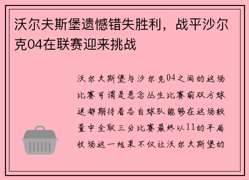 沃尔夫斯堡遗憾错失胜利，战平沙尔克04在联赛迎来挑战