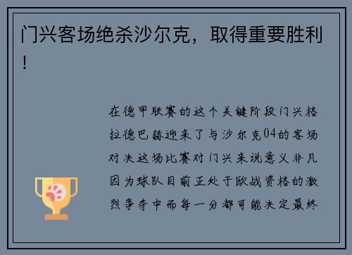 门兴客场绝杀沙尔克，取得重要胜利！